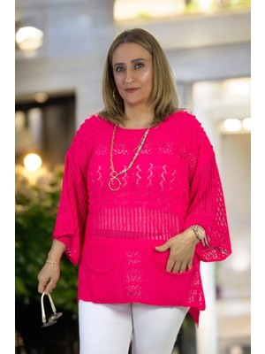 Örgü Desenli Ispanyol Kol Kayık Yaka Cepli Yırtmaçlı Büyük Beden Italyan Merserize Bluz Kazak. 44-54 Uyumlu