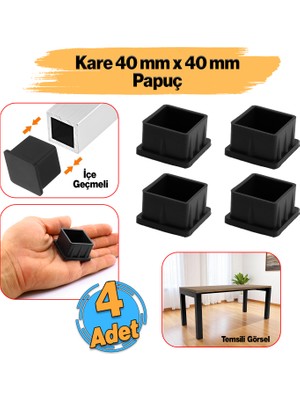 Masa Sandalye Sehpa Ayak Tapası Kare Tıpa Papuç Takoz 40 mm x 40 mm Parke Zemin Koruyucu 4 Adet
