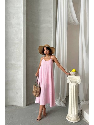 Neşeli Butik Kadın Pembe Ayarlanabilir Askılı Salaş Elbise NBG090