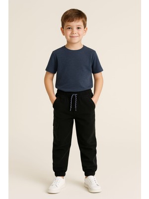 Kargo Cepli Paçası Lastikli Düz Siyah Erkek Çocuk Jean