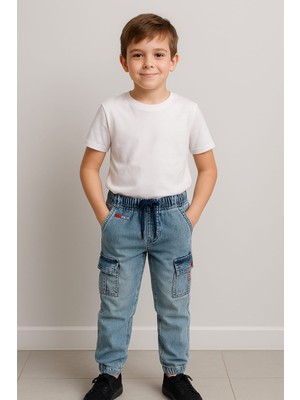 Beli Lastikli Kargo Cepli Erkek Çocuk Jean Mavi
