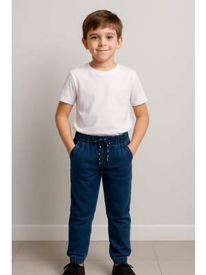 Kargo Cepli Paçası Lastikli Düz Mavi Erkek Çocuk Jean