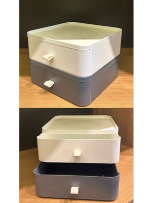 Teknotrust 2'li Gri ve Beyaz Renk Çekmece Masa Üstü Organizer Makyaj Takı Kutusu Aksesuar Düzenleyici