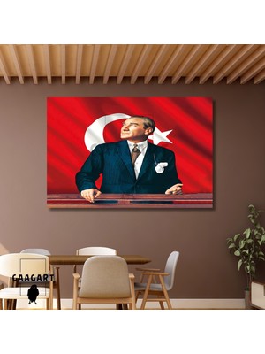 Tekli Yatay Kanvas Duvar Tablosu Türk Bayrağı ve Göğe Bakan Atatürk