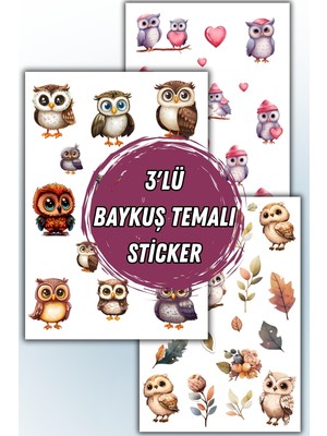 Baykuş Temalı 3 Lü Sticker Seti / Bullet Journal Scrapbook Kolaj Için Uygun