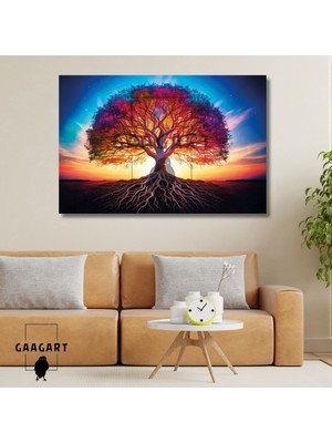 Tekli Yatay Kanvas Duvar Tablosu Renkli Yaşam Ağacı