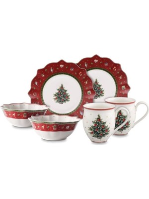 Toy's Delight Kırmızı 2 Kişilik Kahvaltı Seti - Premium Porselen Noel Koleksiyonu 6 Parça