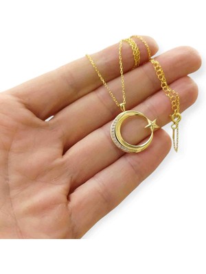 Modahilye 925 Ayar Gümüş Ay Yıldız Hilal Altın Kaplama Kolye