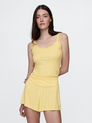 Kadın Sarı Dantel Detaylı Askılı Pijama Üstü