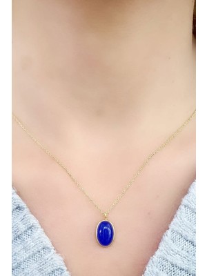 Ose Shop Lapis Lazuli Taşlı 925 Ayar Gümüş Üzerine Altın Kaplama Tasarım Oval Kolye