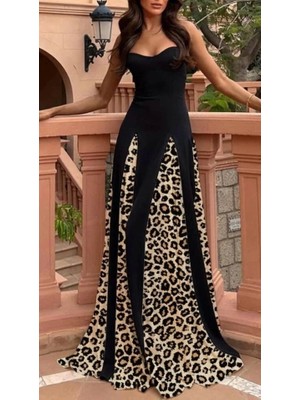 Defy Moda Kadın Dalgıç Kumaş Leopar Desenli Kloş Elbise