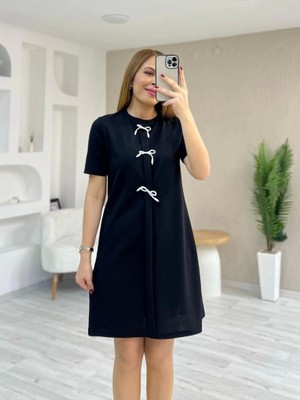 Defy Moda Kadın Kısa Kollu Bisiklet Yaka Önden Fiyonk Detaylı Ithal Krep Elbise