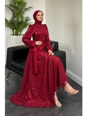 Hilly Kolları Fiyonk Saten Abiye Bordo