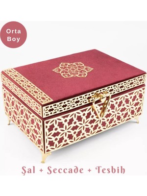 Desenli Kutu Çeyizlik, Şal + Seccade + Tesbih + Kuran Hediye Seti (Orta B. Kadife, Bordo, Elif-Vav)