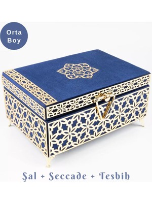 Desenli Kutu Çeyizlik, Şal + Seccade + Tesbih + Kuran Hediye Seti (Orta B. Kadife, Lacivert)