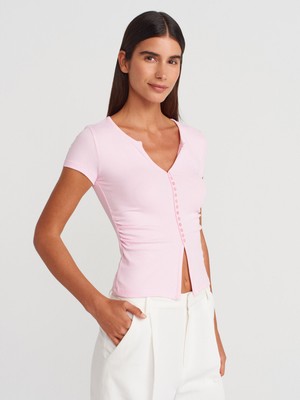 31838 Düğmeli Kısa Kollu Top-Açık Pembe