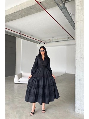 Kadın Ithal Poplin Dantel Detaylı Özel Tasarım Elbise DPMS4255