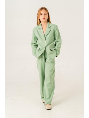 4-15 Yaş Blazer Ceketli Kız Çocuk Takım Yeşil