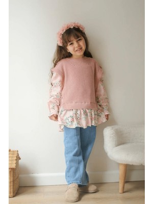 3-10 Yaş Triko Süveter Detay Gömlek Kot Takım Pembe