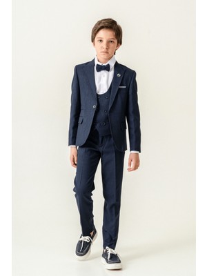 Premium Seri Mendilli Yelekli Ceketli Çocuk Takım Elbise Lacivert