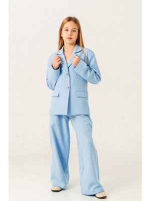 4-15 Yaş Blazer Ceketli Kız Çocuk Takım Bebe Mavi
