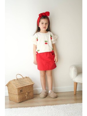 3-10 Yaş Kiraz Detay Kot Etekli Kız Çocuk Takım