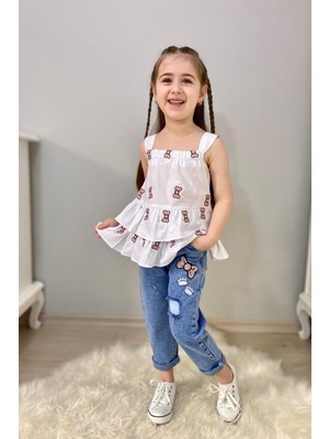3-10 Yaş Fiyonk Detay Bluz ve Kot Pantolon Seti