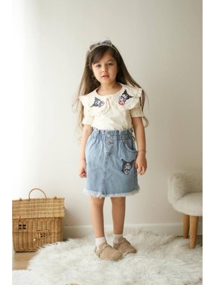 3-10 Yaş Bebe Yaka Kuromi Nakış Detay Kot Etekli Kız Çocuk Takım