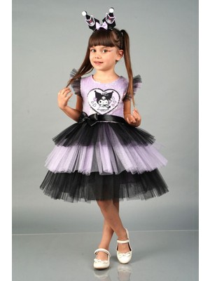 3-10 Yaş Kuromi Payetli Taç Dahil Elbise Mor