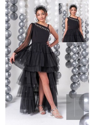 10-15 Yaş Kuğu Model Önü Kısa Arkası Uzun Çapraz Yaka Kat Kat Etek Genç Mezuniyet Abiye Siyah