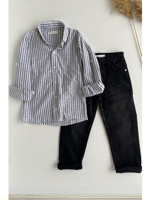 5-14 Yaş Cool Çizgili Gömlek Kot Pantolonlu Erkek Çocuk Takım Gri