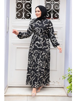 Desenli Siyah Tesettür Şifon Elbise 23772S