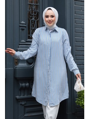 Çizgili Indigo Mavisi Tesettür Viskon Tunik 11741IM