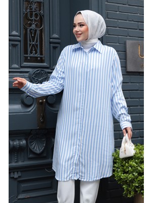 Çizgili Mavi Tesettür Viskon Tunik 11740M