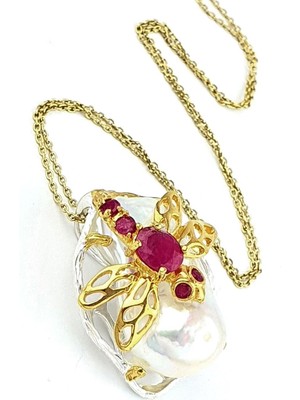 Osean Mystıque Barok Inci ve Yakut Taşlı  Detaylı  925AYAR Gümüş Üzerine Altın Kaplama Tasarım Yusufçuk Inci   Kolye