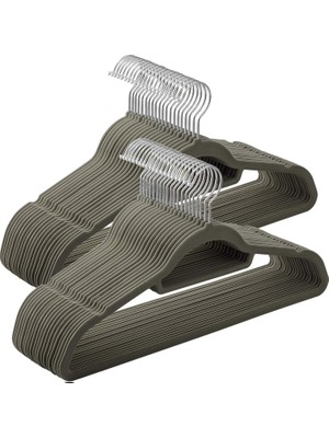 50'li Paket Kadife Askı 0,6  cm  Kalınlıkta Takım Elbise Askısı, Kaymaz Yüzeyli, Iki Çentikli, 360 Derece Dönen Kanca Kaymaz Gri CRF50V