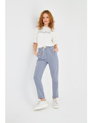Lastikli Çizgili Chino Pantolon
