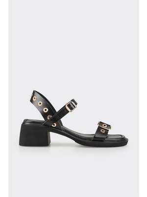 Elle Siyah Deri Kadın Günlük Sandalet