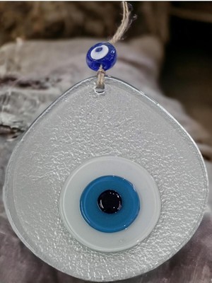 Silver Gri Damla Desen Mavi Nazar Boncuklu El Yapımı Cam Duvar Süsü