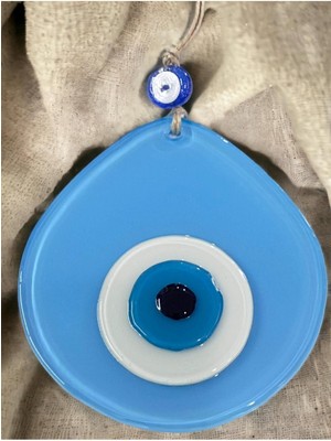 El Yapımı Nazar Boncuklu Açık Mavi Damla Desenli Cam Duvar Süsü