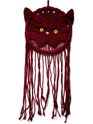 El Yapımı Kedi Figürlü Bordo Makrome Püsküllü Duvar Süsü
