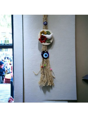 Seramik Kuşlu Makrome Örgülü Nazar Boncuklu Duvar Süsü