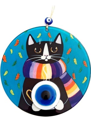 El Yapımı Kara Kedi Desenli Nazar Boncuklu Füzyon Cam Duvar Süsü