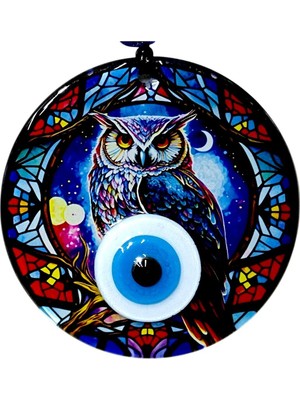 Baykuşlu Gece Desenli 12 cm Füzyon Cam Duvar Süsü