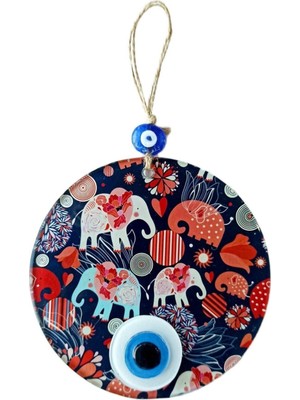 Nazar Boncuklu Fil Desenli Füzyon Cam Duvar Süsü El Yapımı Şık Dekor