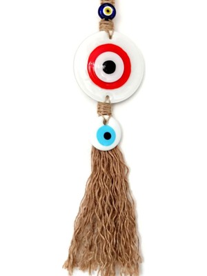 Beyaz Cam Üzerine Kırmızı ve Mavi Nazar Boncuklu, Kırnap Ipli, Saçaklı El Yapımı Duvar Süsü