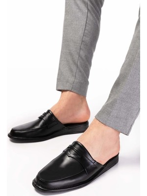 Erkek Hakiki Deri Siyah Ev Terliği