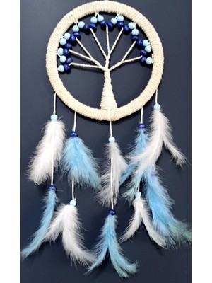 Mavi Beyaz Kuş Tüylü Hayat Ağacı Duvar Süsü