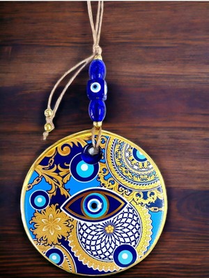 Çini Altın Desenli Nazar Boncuklu Cam Duvar Süsü Göz Motifli Şık Tasarım