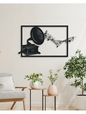 Nostaljik Gramofon ve Müzik Notaları Temalı Metal Tablo